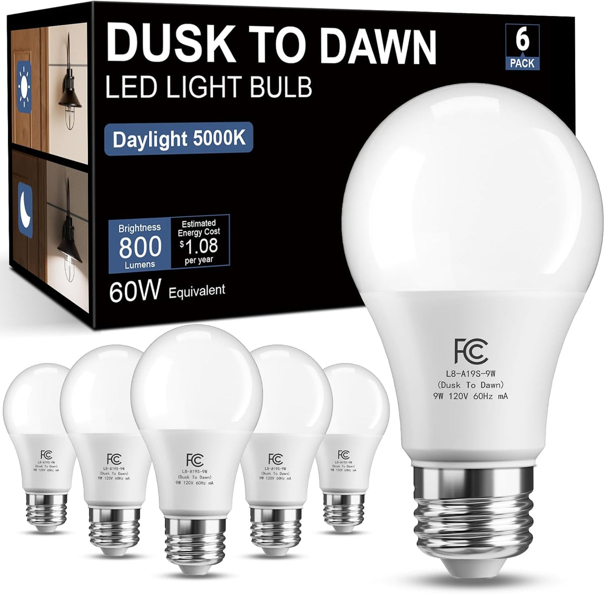 Outdoor Dusk to Dawn Sensor LED Light Bulbs,60W Daylight Porch Outside