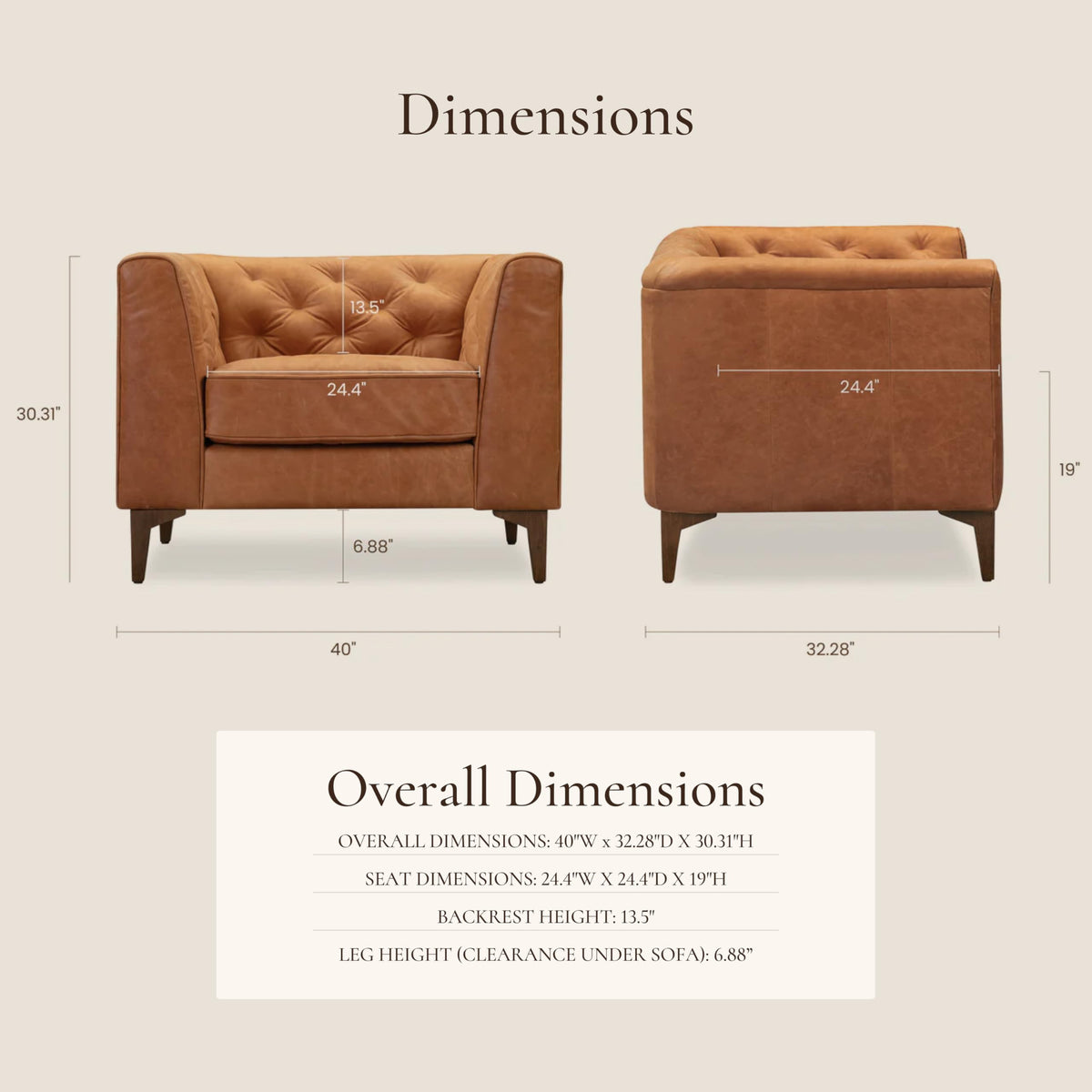 & BARK Essex 40" Lounge Chairs Set of 2 - Cognac Tan Full-Grain Pure-Aniline or Semi-Aniline Italian Leather, Tufted