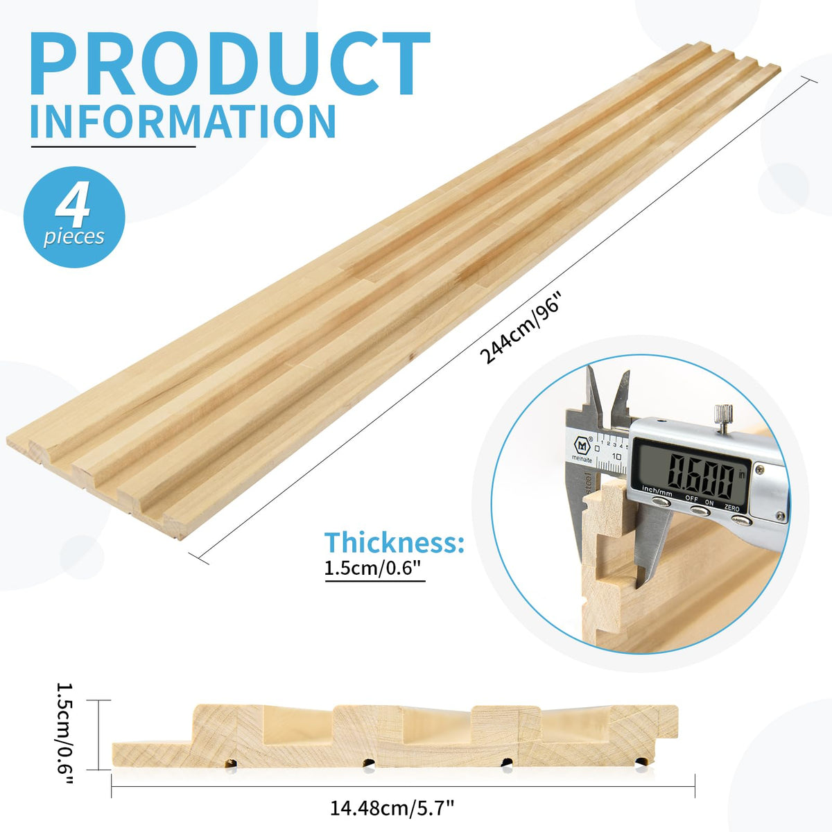 4 Pc 96"x5.7" Wood Slat Wall Panel for Interior, Ceiling and Decoration, 15.2 SqFt