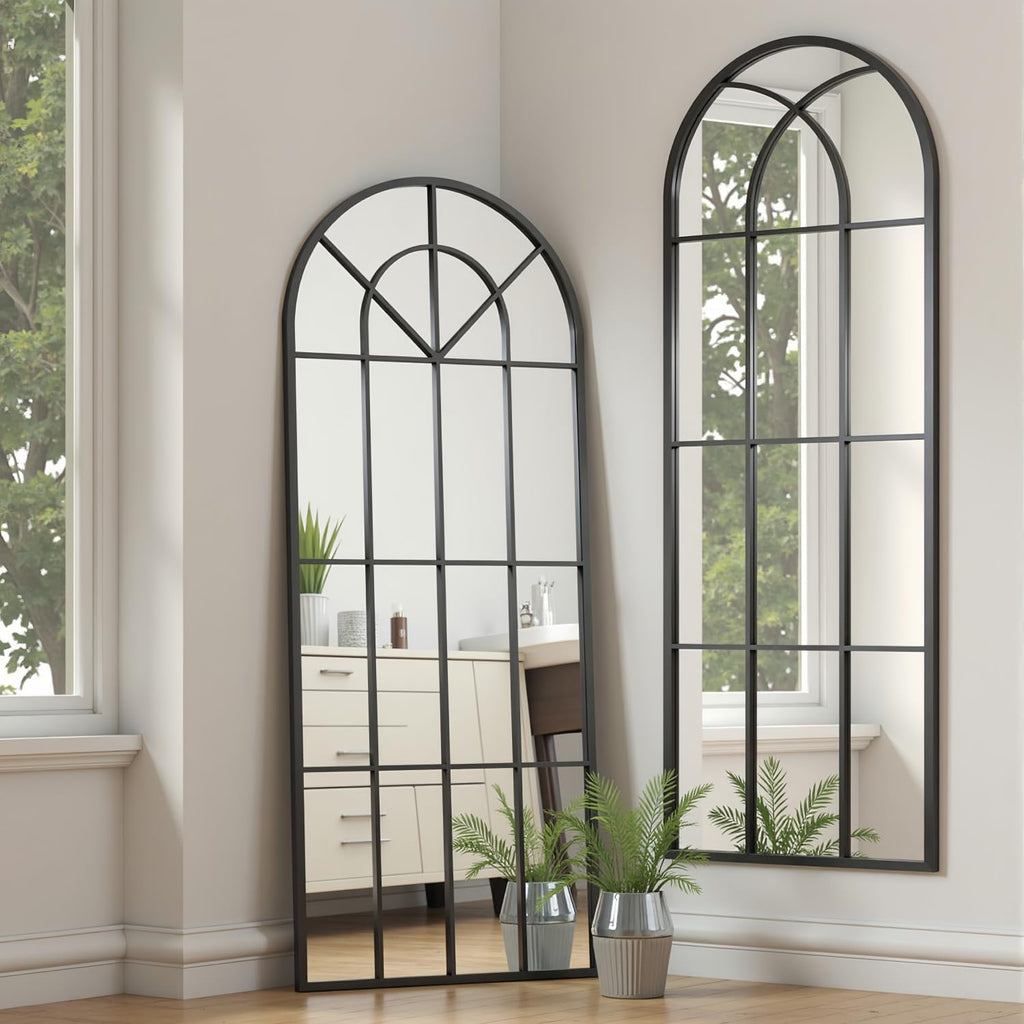 Arched Full Length Mirror, 56"x22" Windowpane Floor Mirror, Black