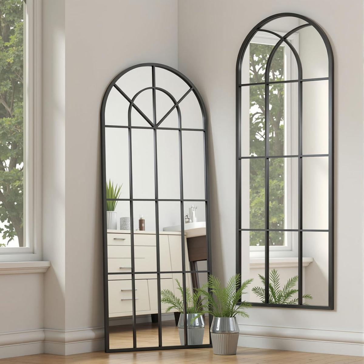 Arched Full Length Mirror, 56"x22" Windowpane Floor Mirror, Black