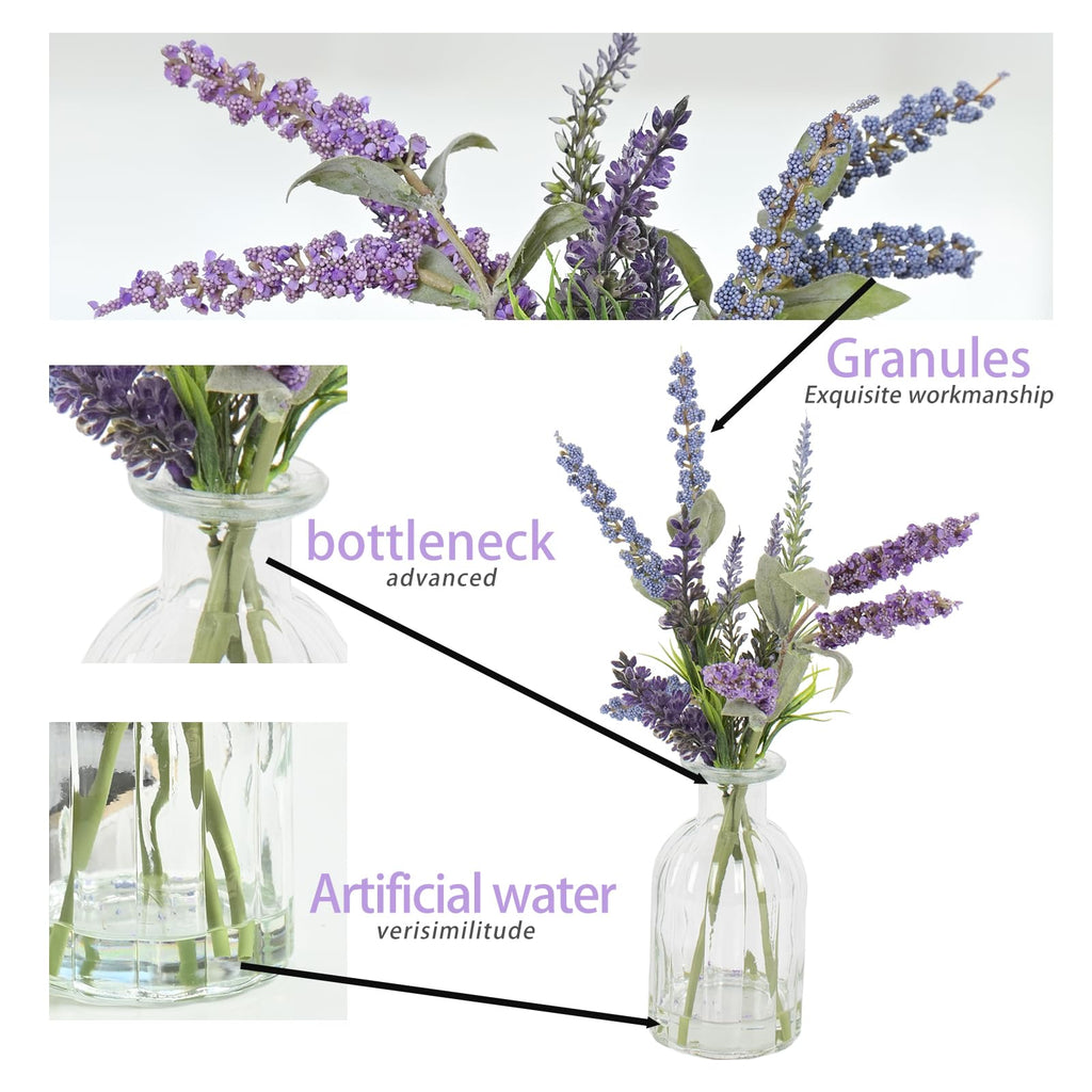 Fake Flowers- Artificial Lavender Plants in Glass Vase with Faux Water, Faux Silk Flowers Fake Plant Decor Farmhouse