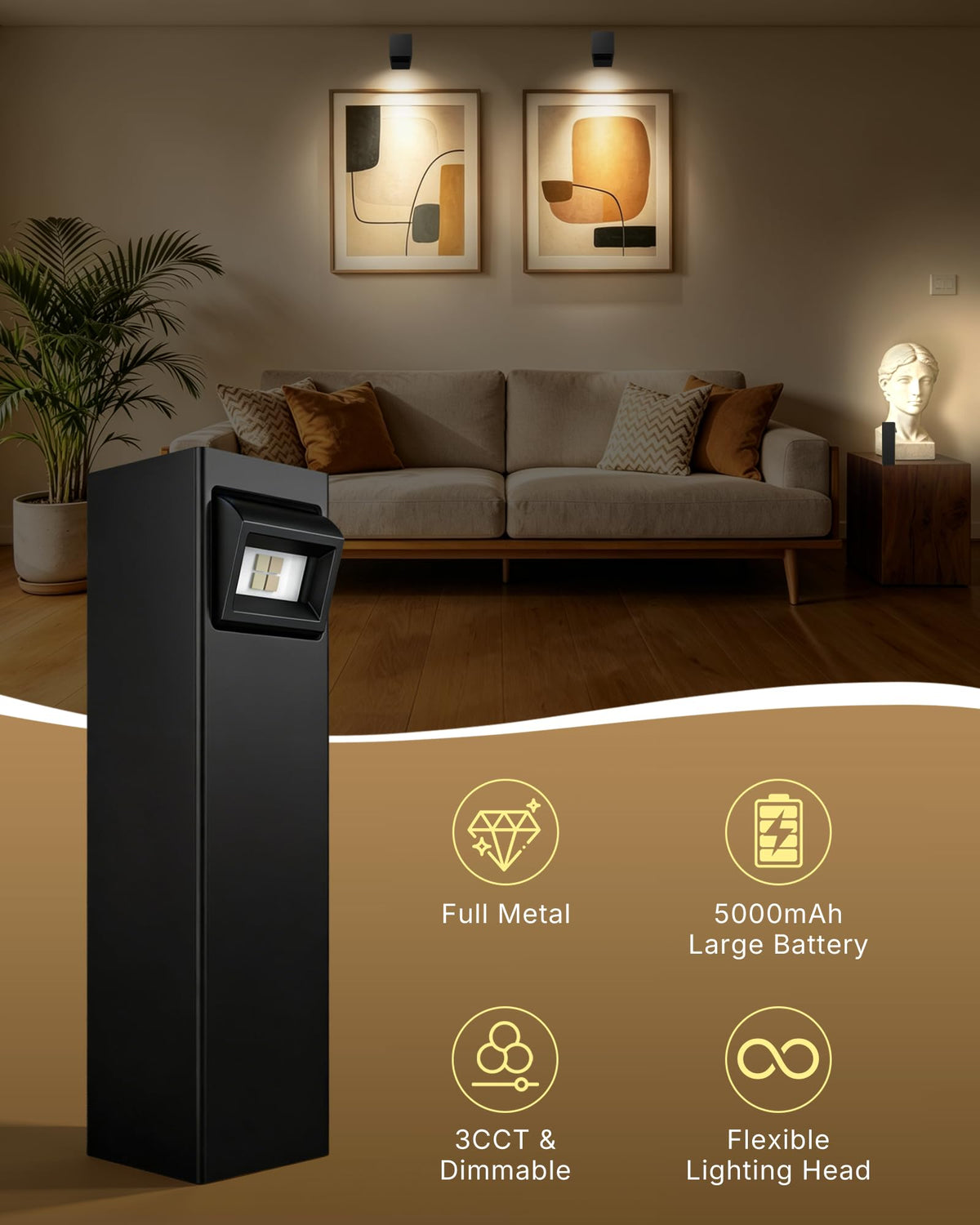 Picture Lights for Wall, 2 Pack Metal Rechargeable 5000mAh Battery Lights with 60° Pivoting Head, Remote, Timer, 3