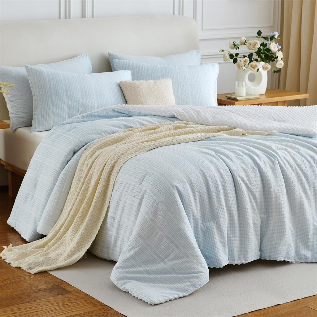 Boho Comforter Set 2 Pieces Sky Blue Stripe Bedding Set