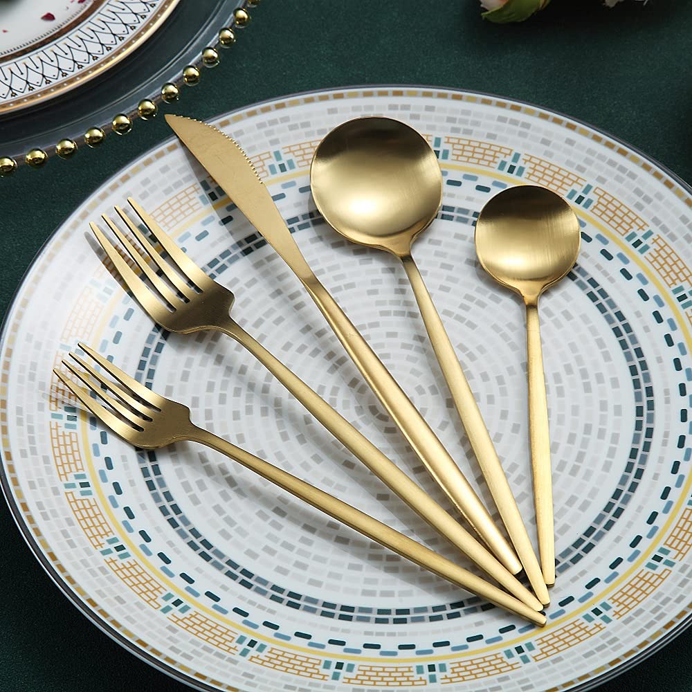 Matte Gold Silverware Set 20 Pieces, Stainless Steel Golden Flatware Set, Titanium Plating Cutlery Set, Matte Gold