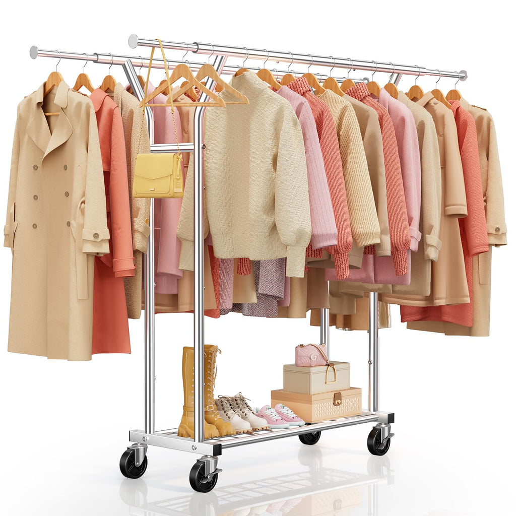 Heavy Duty Rolling Garment Rack, Double Rod Clothing Organizer, Silver