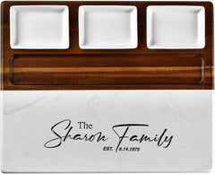 Wood Marble Cheese Board Set - Acacia & Marble Charcuterie Board with 3 Removable Ceramic Bowls & Stainless Steel