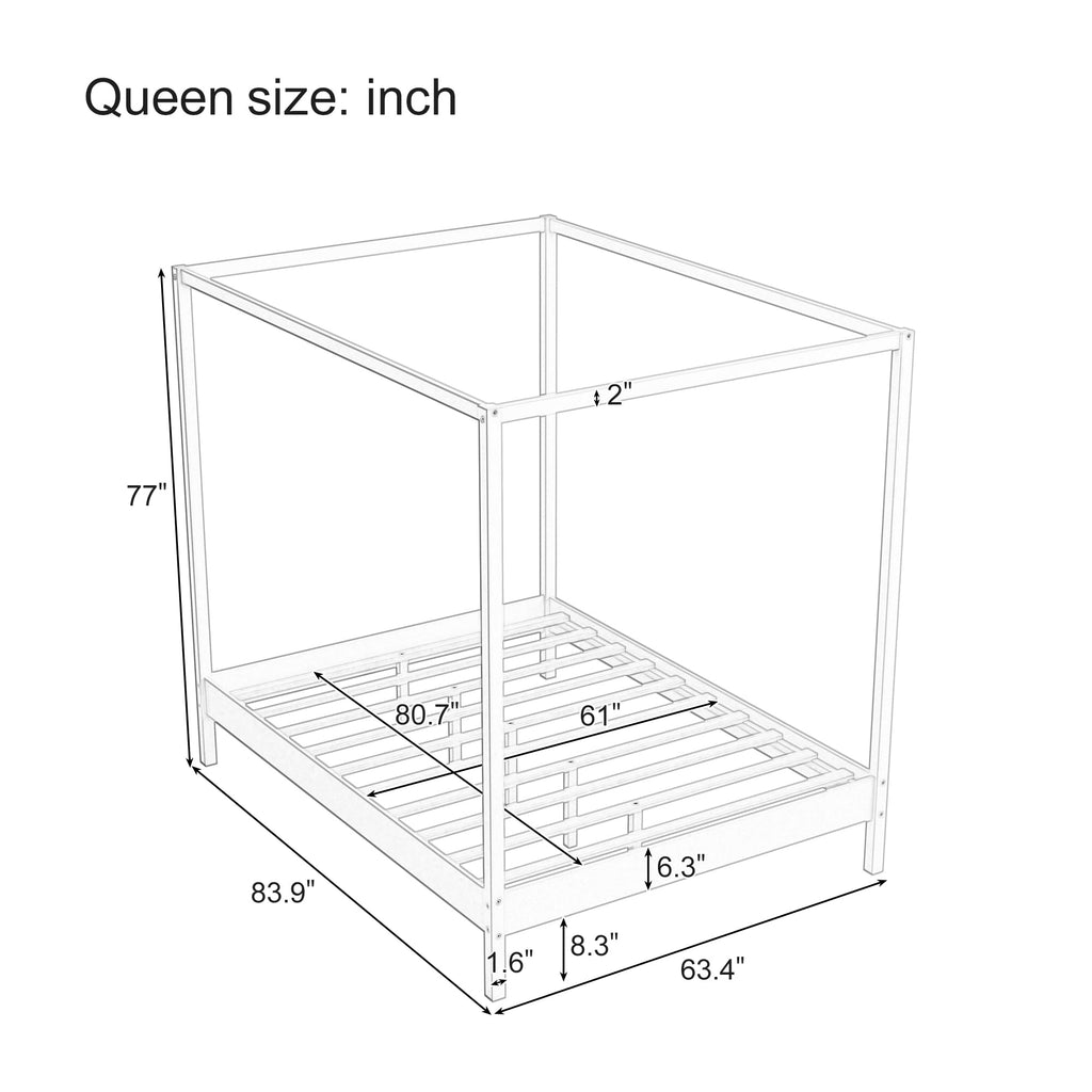Wooden Canopy Bed with Four Posters, Canopy Bed Frame & 8.3" Storage Space Under Bed, Solid Wood Slats