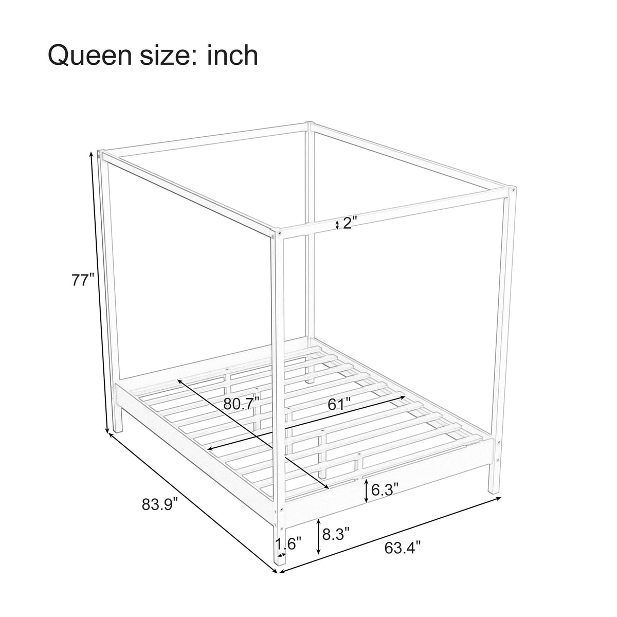Wooden Canopy Bed with Four Posters, Canopy Bed Frame & 8.3" Storage Space Under Bed, Solid Wood Slats