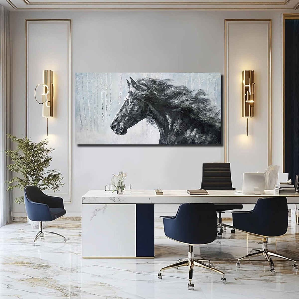 Extra Wide Panoramic Horse Canvas Wall Art, Black and White Equine Portrait Artwork, Misty Birch Forest, Rustic