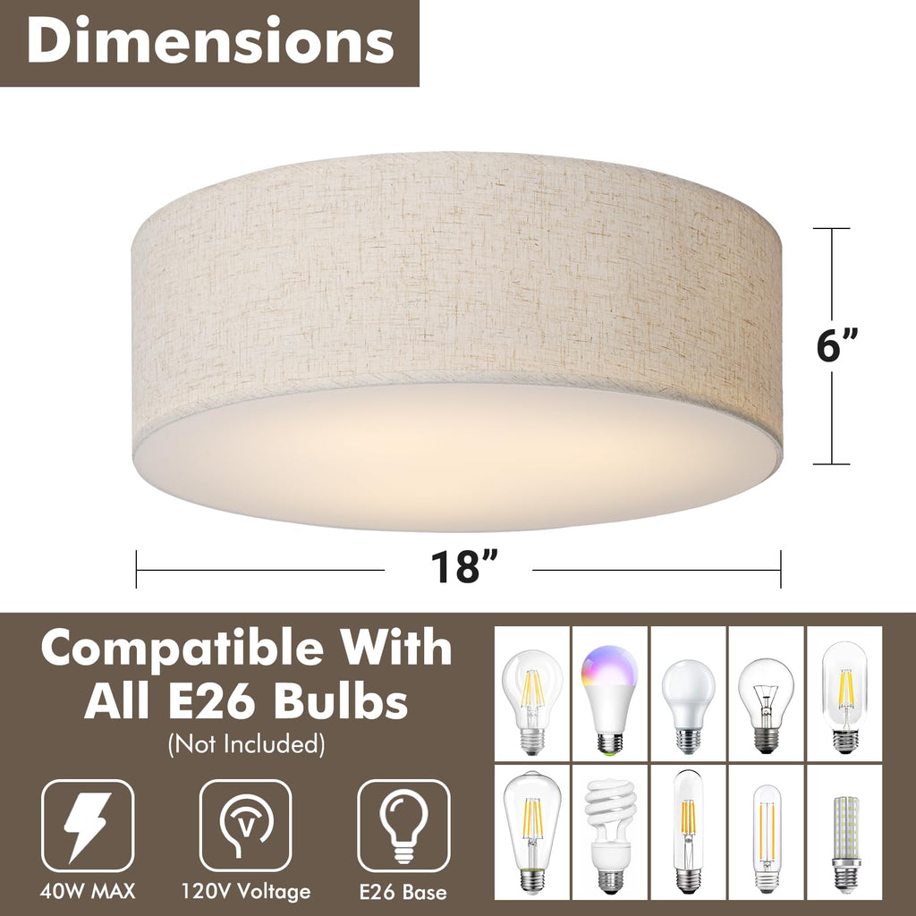 18-Inch Large Flush Mount Ceiling Light Fixture with Fabric Shade, Modern Drum Closed to Ceiling Lighting for Living