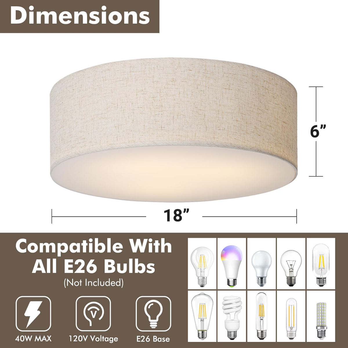 18-Inch Large Flush Mount Ceiling Light Fixture with Fabric Shade, Modern Drum Closed to Ceiling Lighting for Living