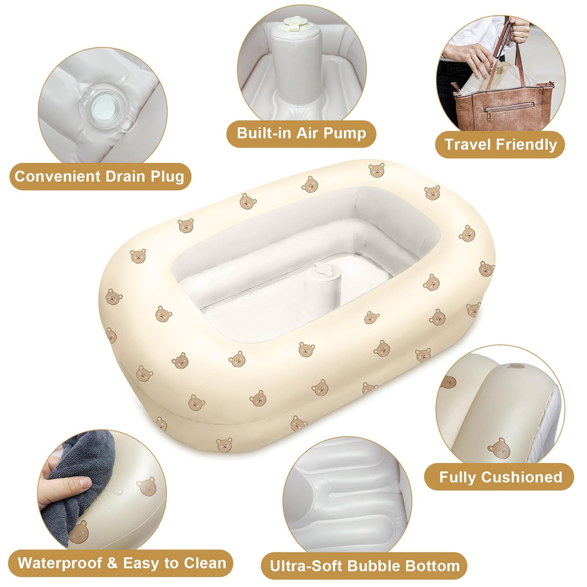 Inflatable Baby Bathtub with Built-in Air Pump, Cute Bear