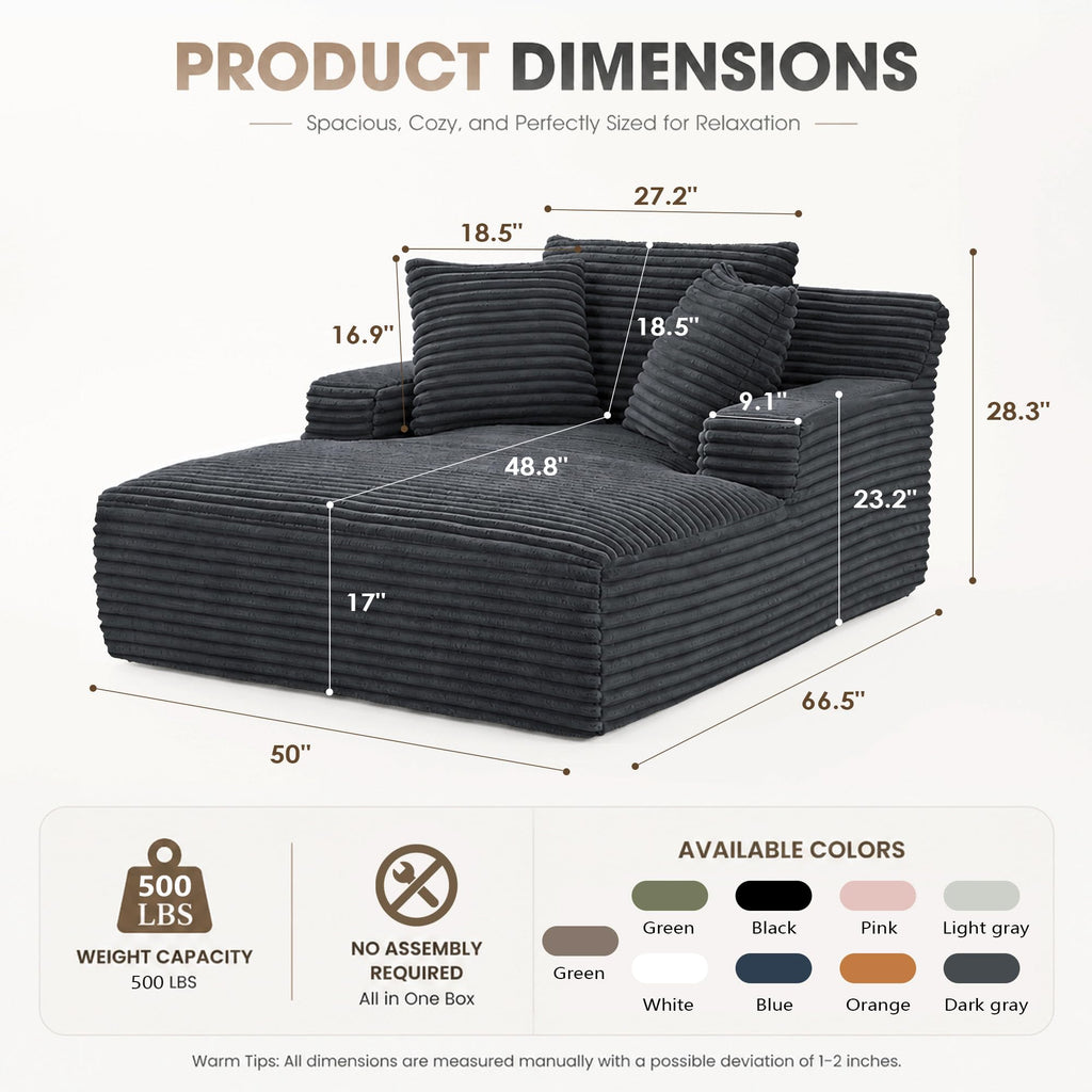 66" Chaise Lounge Chair Indoor, Corduroy Upholstered Reading Chair Oversized Boneless Chair, Cloud Lounge Chair with