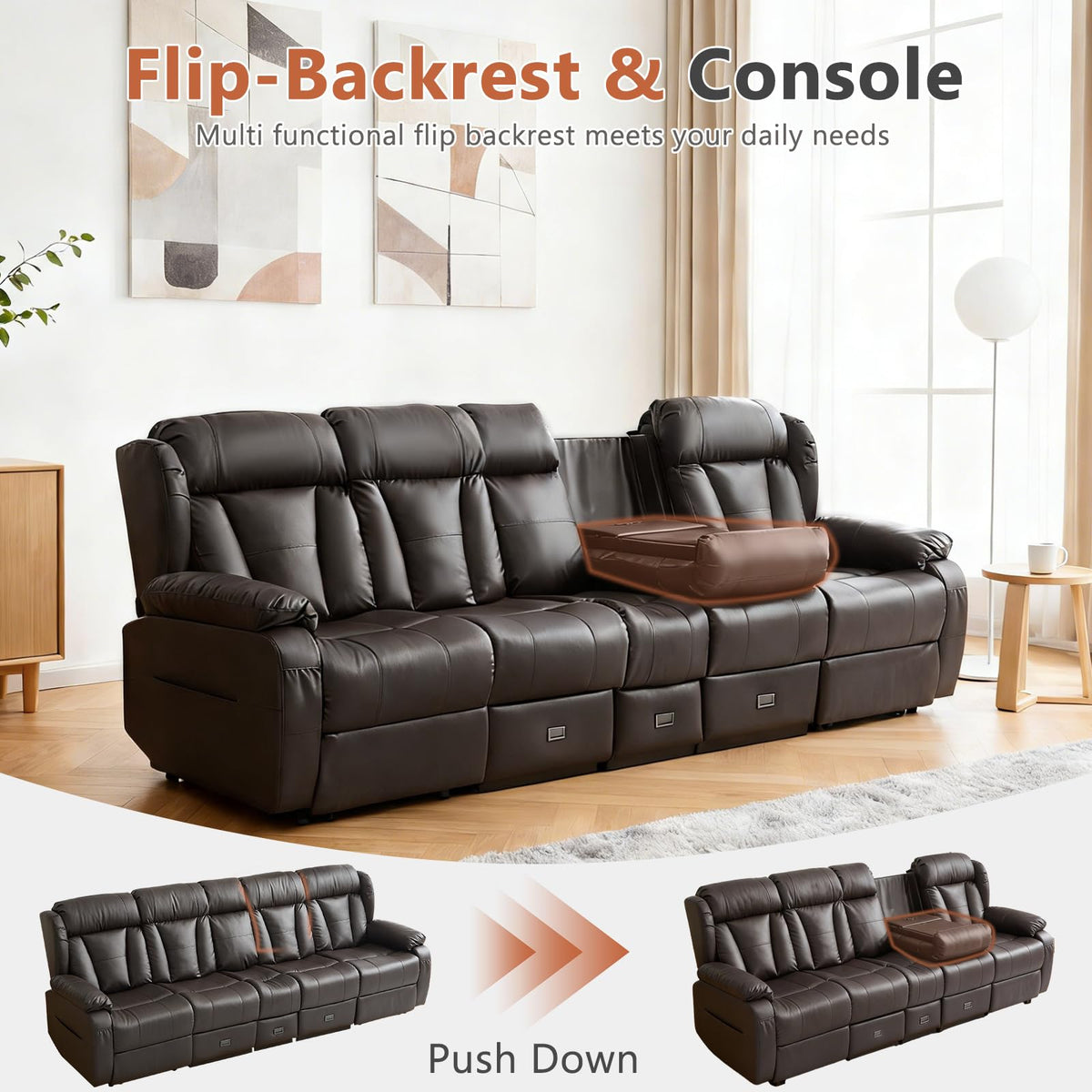 4 Seat Reclining Sofa with Console, Faux Leather, Brown