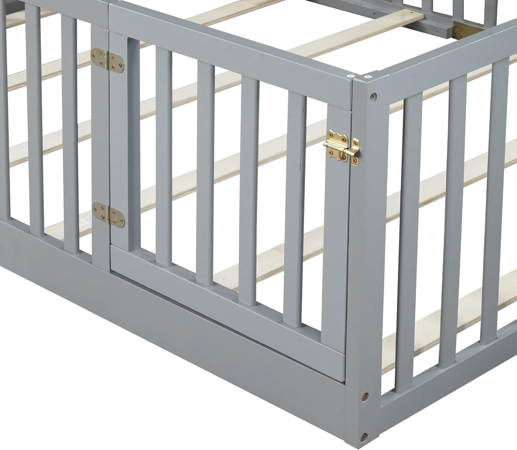 Toddler Floor Bed with Door&High Rails, Grey