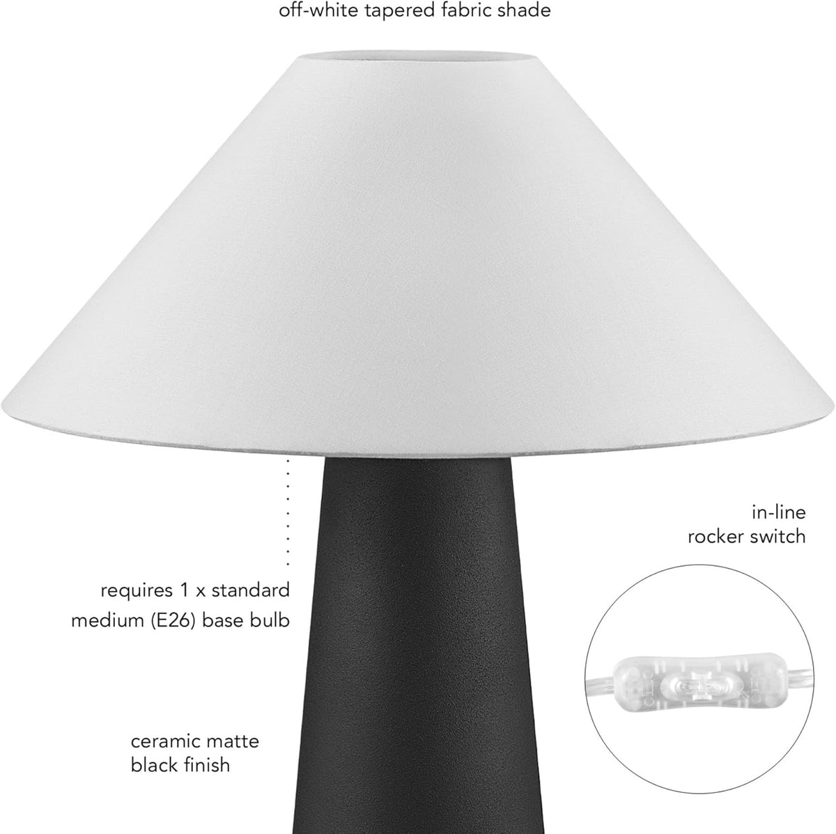 Novogratz x 18" Ceramic Table Lamp, Matte Black, Off-White Tapered Fabric Shade, in-Line Rocker Switch