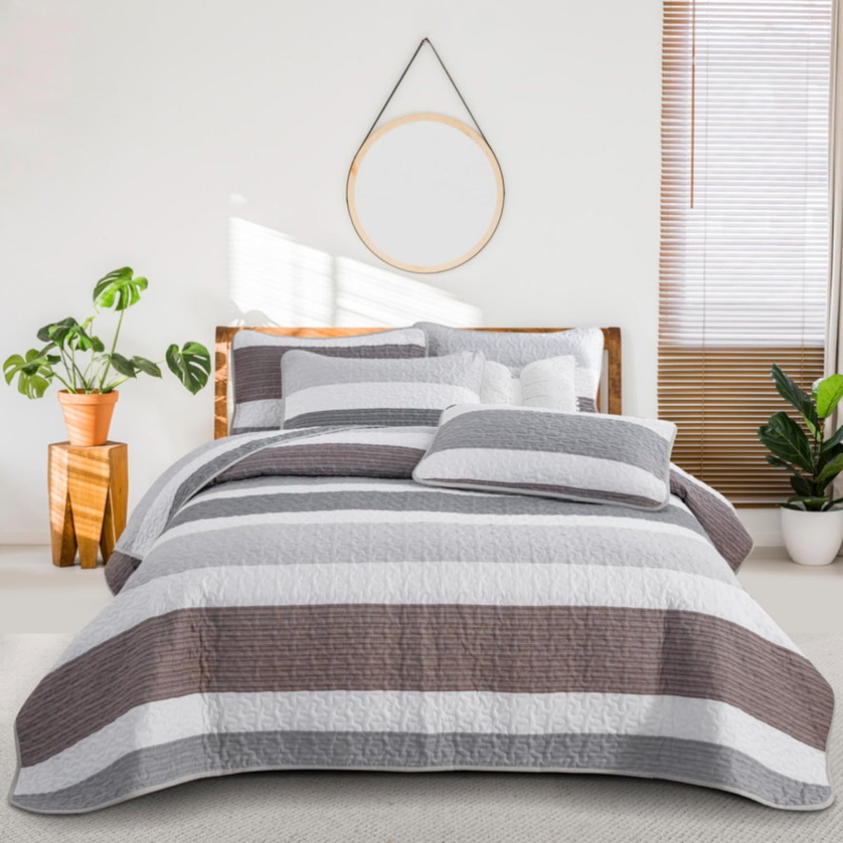 Classic Striped Quilt Set Grey White Brown Horizontal Stripe Bedding