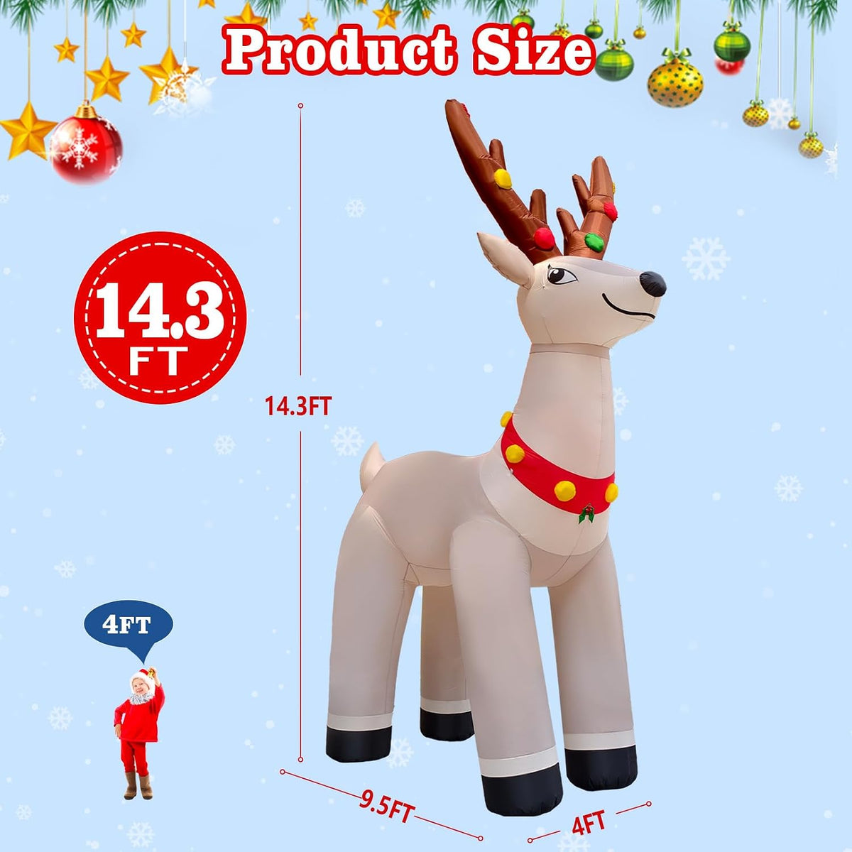 14.3FT Giant Christmas Inflatable Reindeer, Christmas Blow Up Reindeer Xmas Elk Inflatable Built-in Bright LED for