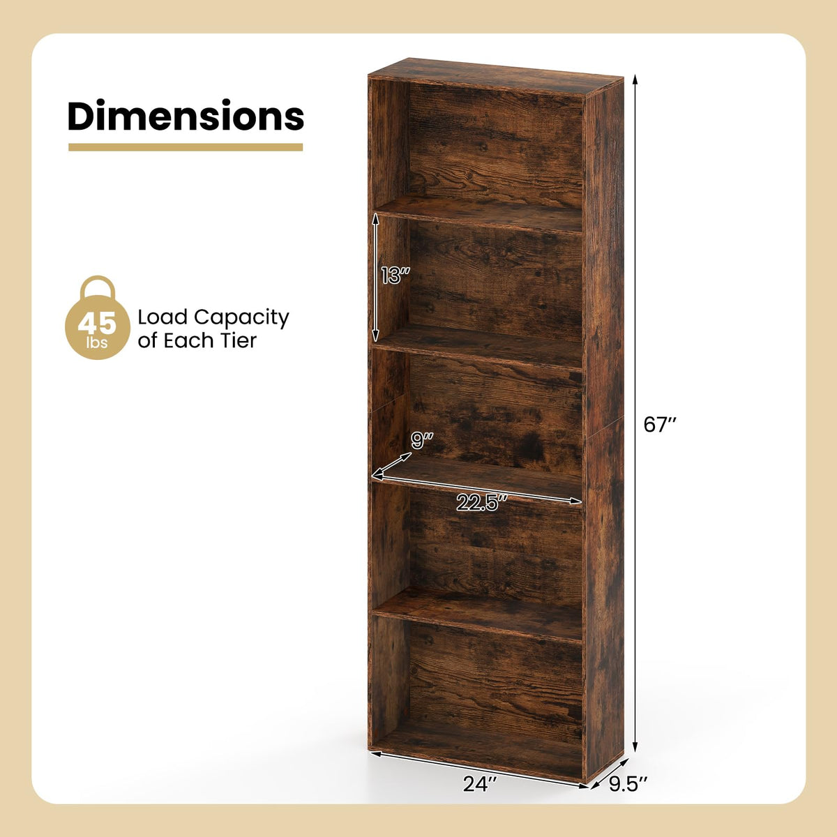 5-Tier Bookshelf, Freestanding Bookcase with 5 Open Shelf, Modern Display Shelf, Storage Organizer Bedroom Home