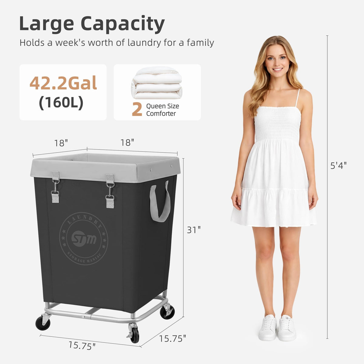 Commercial Laundry Hamper with Heavy Duty Steel Frame, 160 L Industrial Laundry Basket Cart with Wheels , Laundry