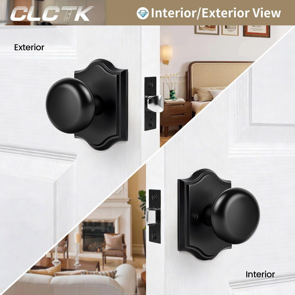 Matte Black Door Knobs Interior, Black Passage Round Door Knobs Door Handles for Hall Closet, Zinc Alloy, 1 Pack
