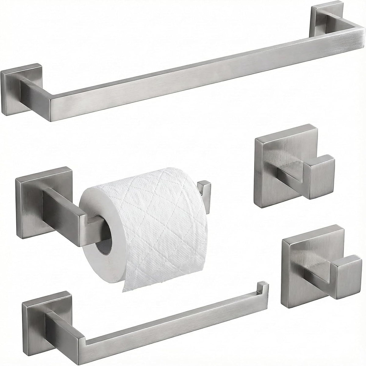 5 Piece Bathroom Hardware Set Brushed Nickel, SUS304 Stainless Steel Towel Bar Set, Modern Square Accessories with 16