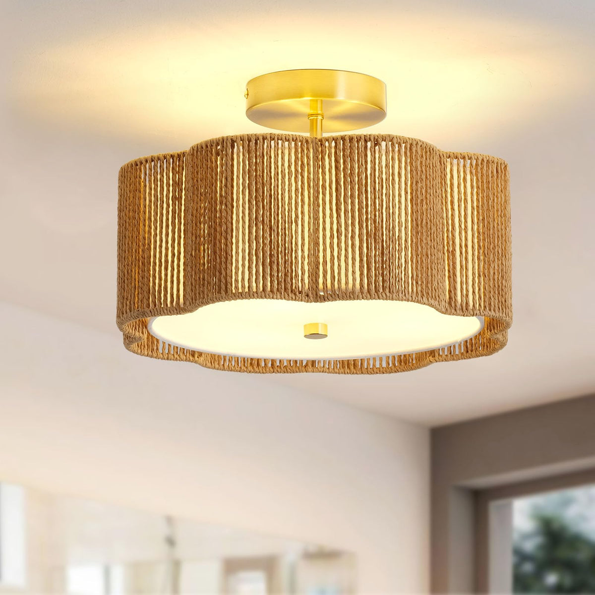 Rattan Ceiling Light Fixtures Flush Mount, 3-Light Boho Light Fixtures Ceiling Mount, Close to Ceiling Lights Modern
