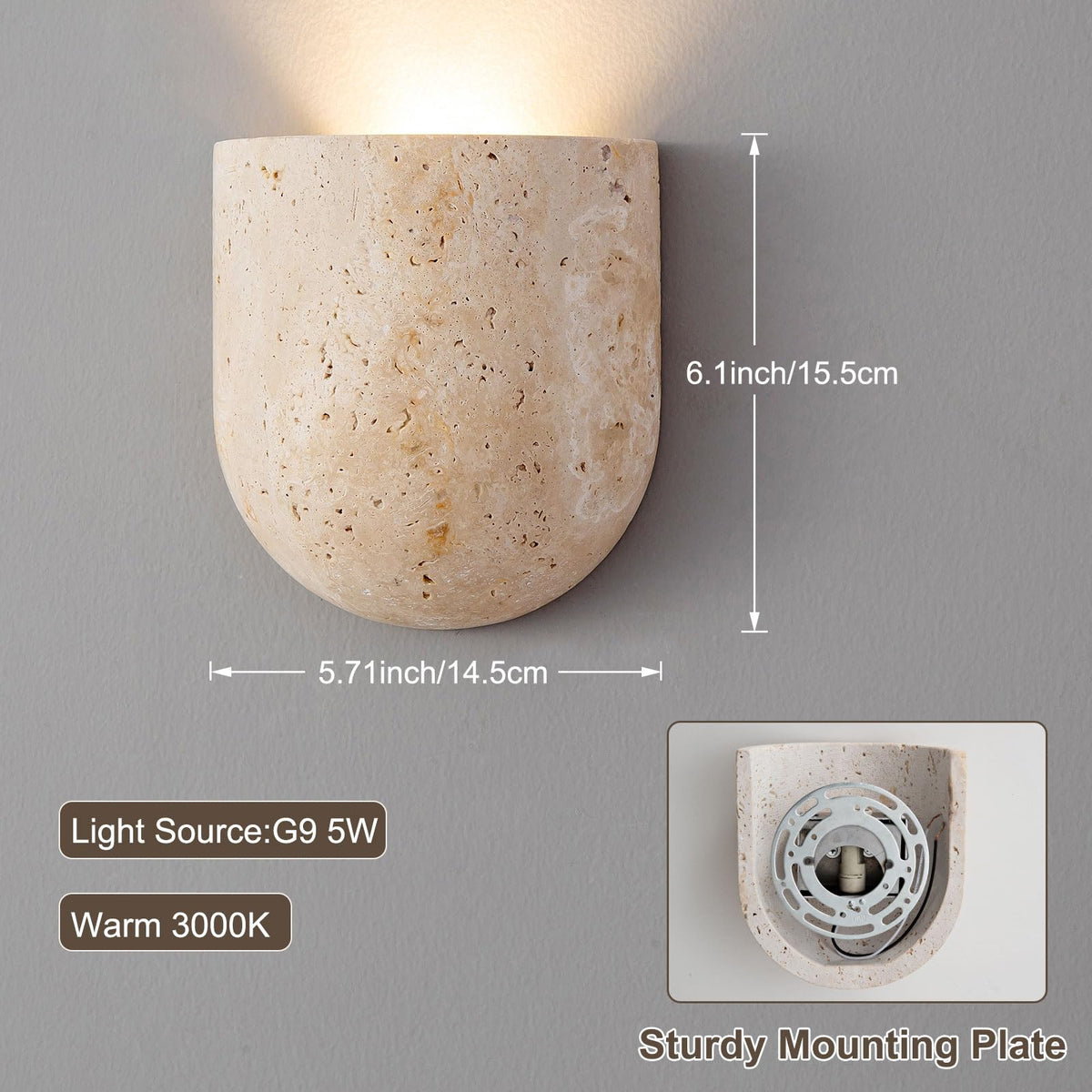 Natural Travertine Wall Sconce, Modern Stone Wall Lamp with G9 5W LED Bulb, 3000K Warm White Minimalist Wall Light