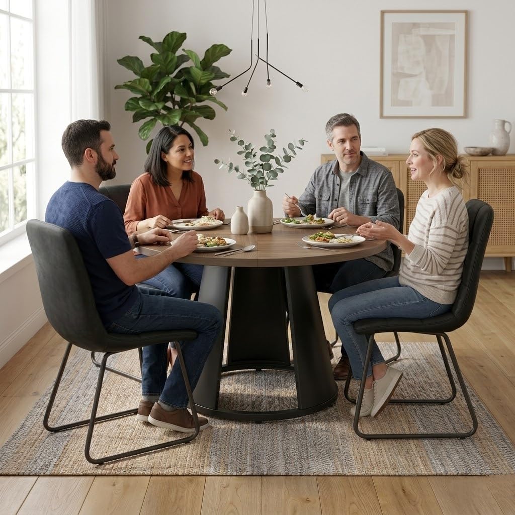 Inspired Saarinen Style 47.2" Round Dining Table Set for 4, Modern Wood Table with 4 Upholstered Leather Chairs, Metal Pedestal Base