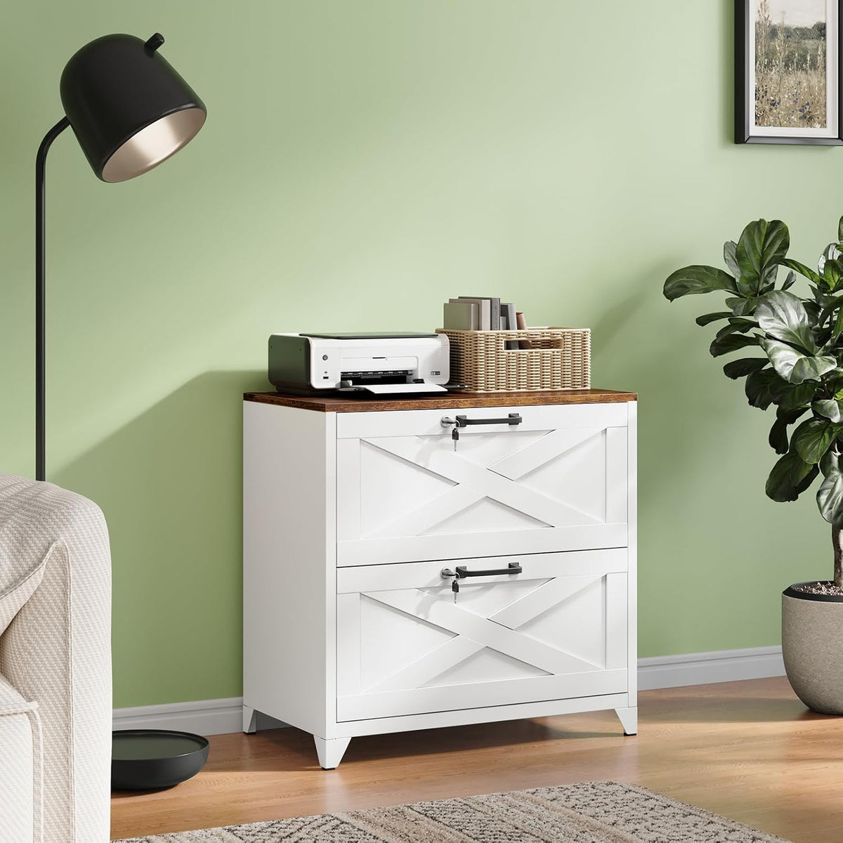 2 Drawer File Cabinet with Lock and Feet,Metal Lateral Filing Cabinet ,Hanging Letter/Legal/A4 Size (White-A, 16" D x