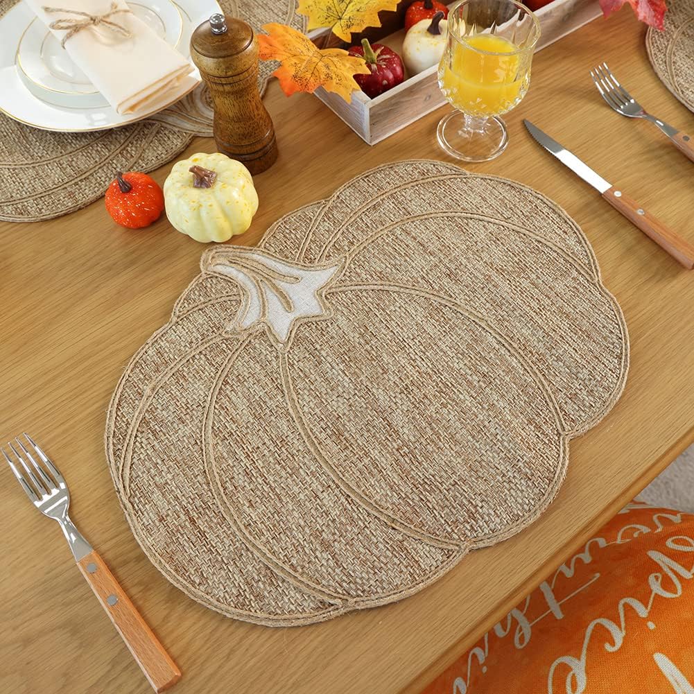 Fall Placemats Set of 4 - Pumpkin Placemats for Thanksgiving Halloween Natural Color, Polyester Harvest Placemats for