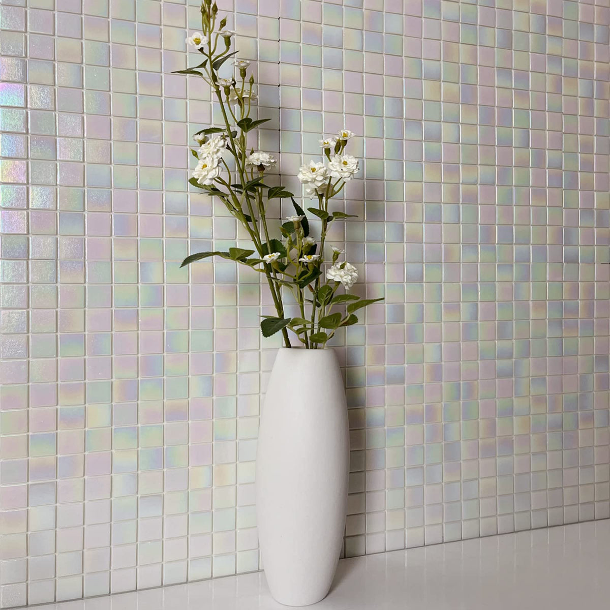 40-Sheet Rainbow Peel and Stick Backsplash , 6.6" x 6.6" White Glass Mosaic Tiles