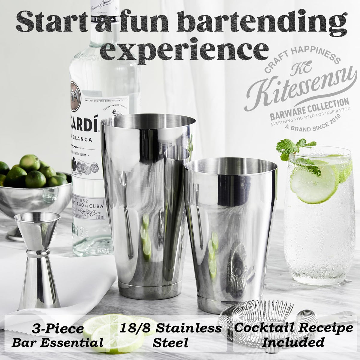 Boston Cocktail Shaker Set, 4-Piece Boston Shaker Tins Bartender Kit with 18oz & 28oz Mixed Drink Shaker, Hawthorne - Set of 4