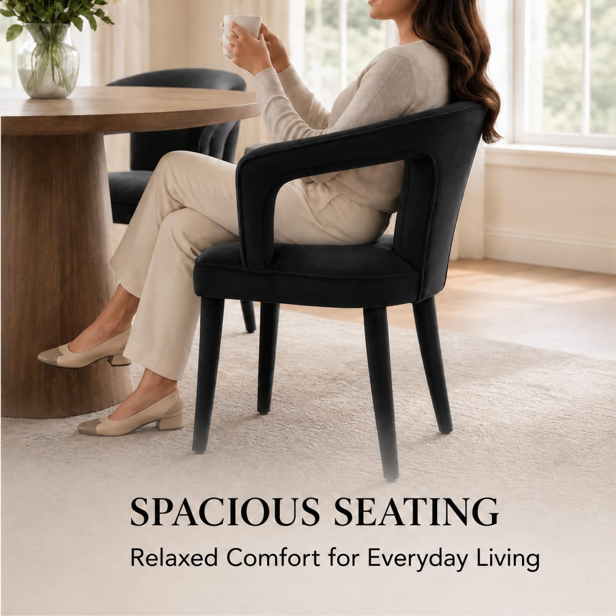 Black Velvet Dining Chairs Set of 4, Modern Upholstered Accent Chairs with Curved Back & Arms, Comfy Large Fully