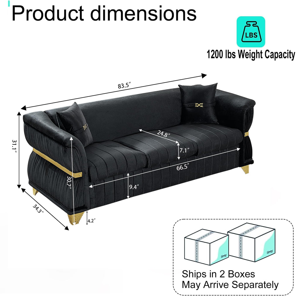 84" Luxury Oversized Chesterfield Sofa with 2 Pillow & Gold Stainless Decoration, Modern 3-Seater Couch with Rolled