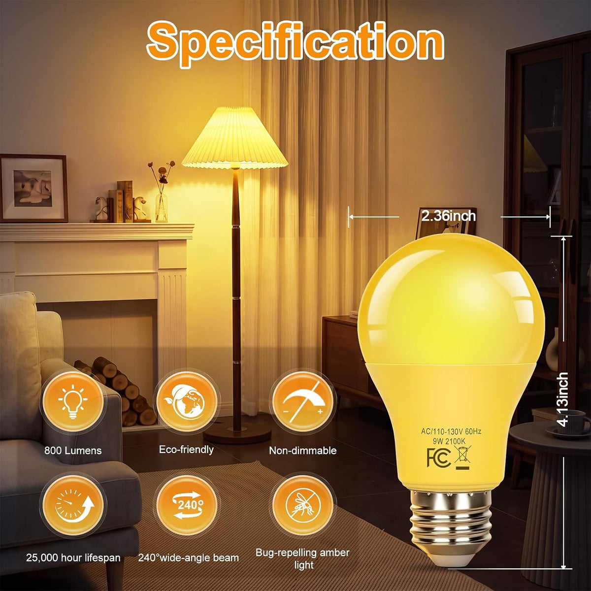 9W LED Yellow Bug Light Bulbs Outdoor Indoor, 2100K Amber Bulbs