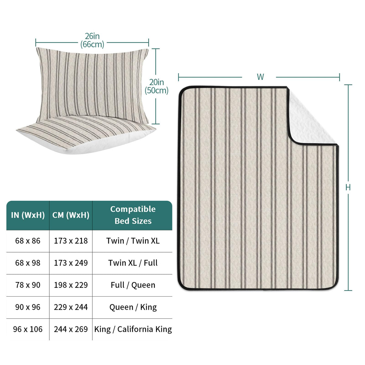 Ticking Stripe Quilts Bedding Set Minimalist Vertical Lines Beige Linen Texture Lightweight Quilted