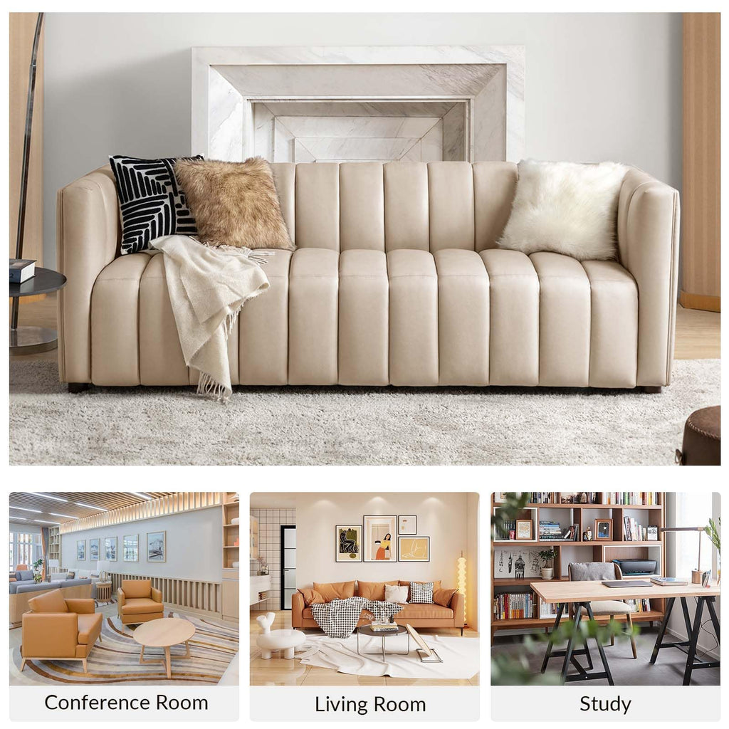 83" Genuine Leather Sofa with Channel Tufted Design, Beige