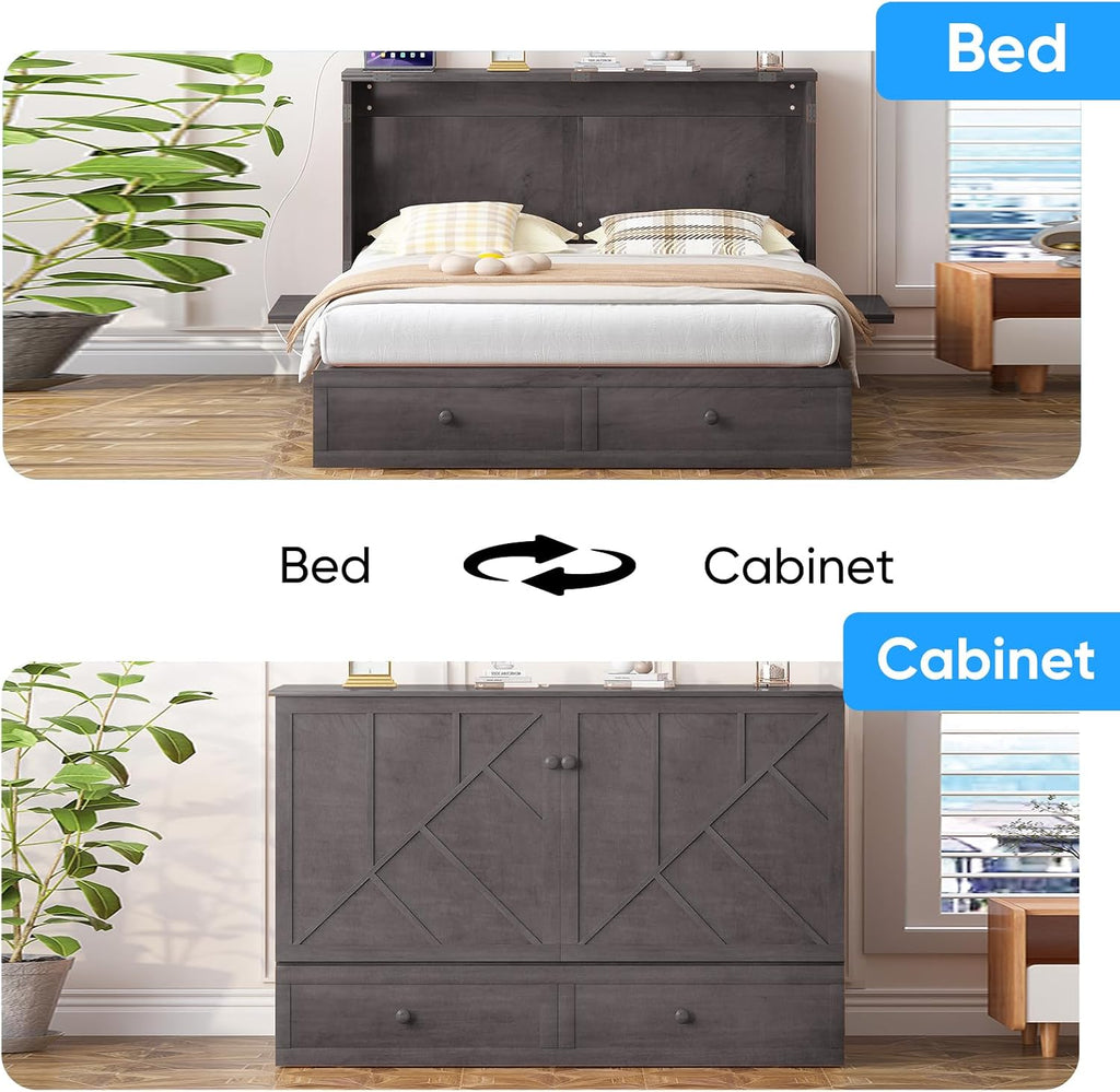 Murphy Bed Queen with Mattress Included, Hideaway Wallbed Cabinet Bed with 2 Storage Drawers, USB Charging Ports & Headboard, Space-Saving Chest Beds for Home, Guest Room, Gray