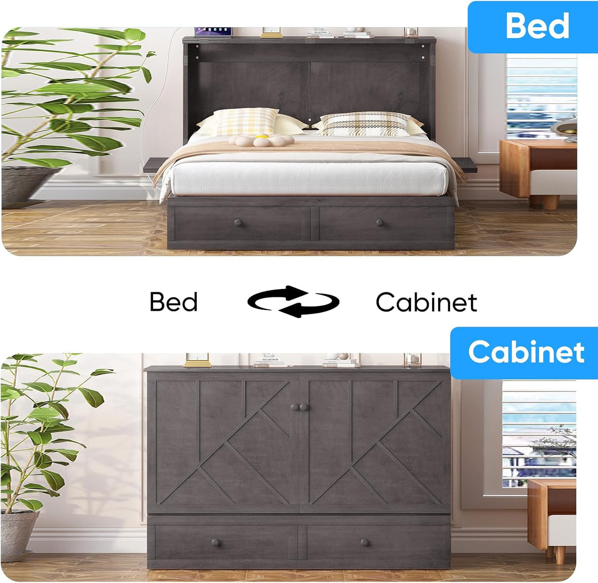 Murphy Bed Queen with Mattress Included, Hideaway Wallbed Cabinet Bed with 2 Storage Drawers, USB Charging Ports & Headboard, Space-Saving Chest Beds for Home, Guest Room, Gray