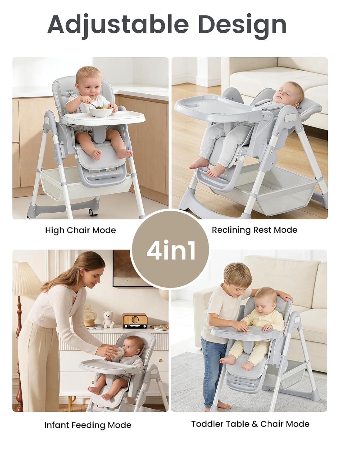 Baby High Chair, Foldable Convertible High Chair for Babies & Toddlers, Adjustable Height & Recline with Removable