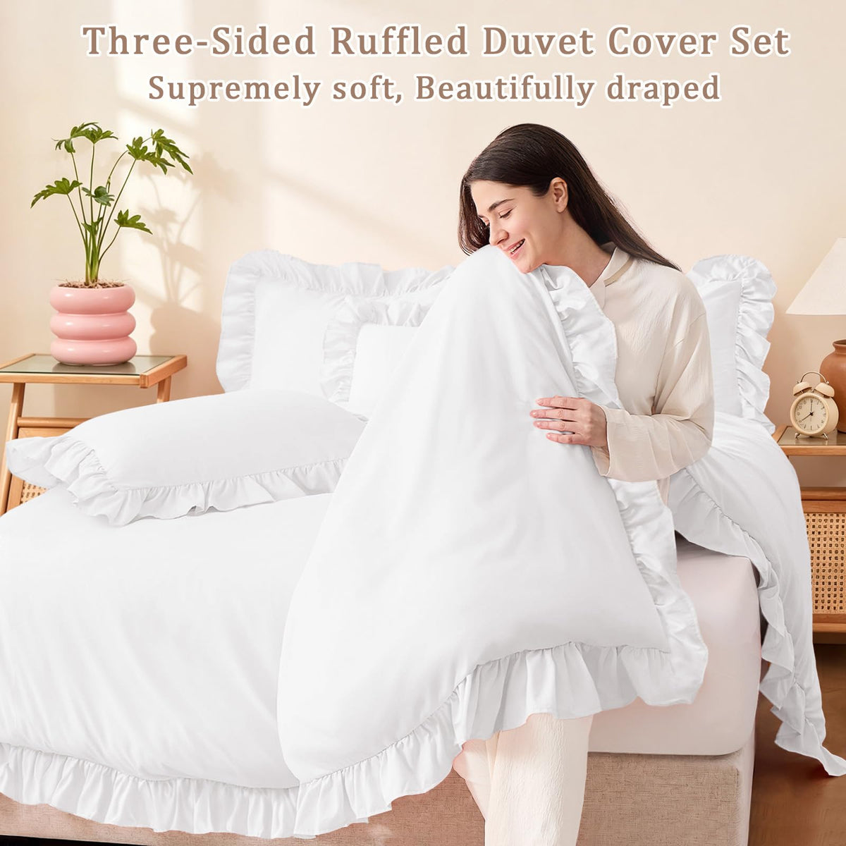 White Duvet Cover 3 Piece, Farmhouse Shabby Chic Bedding