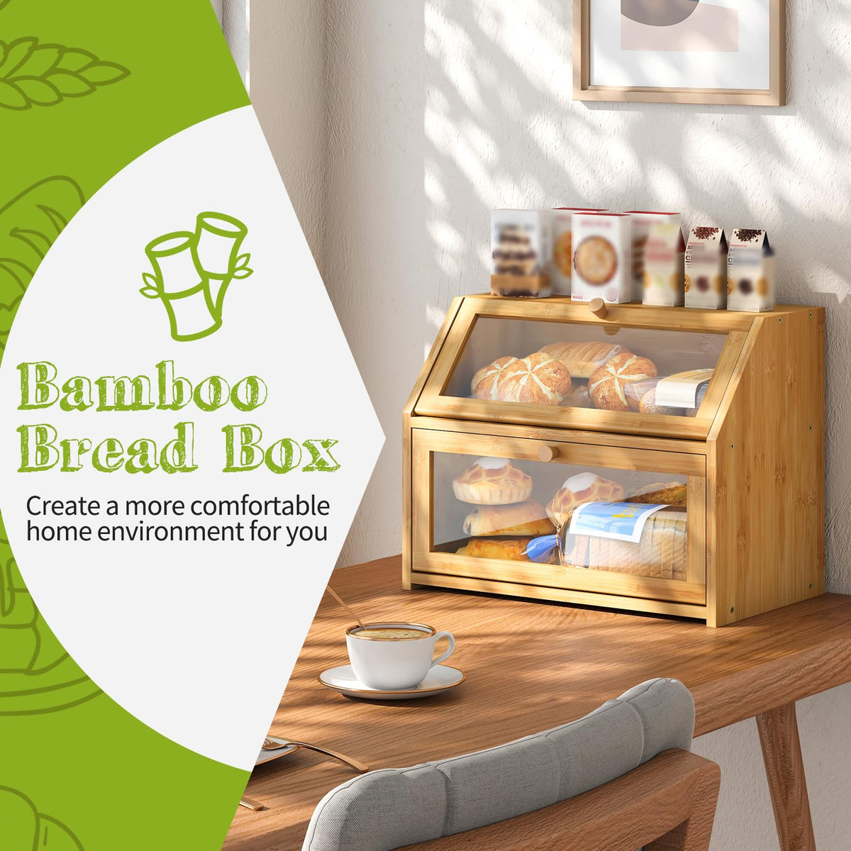 Bread Box - Farmhouse Countertop Double Layer Bamboo Wooden Extra Large Capacity B Food Storage Container(Natural)