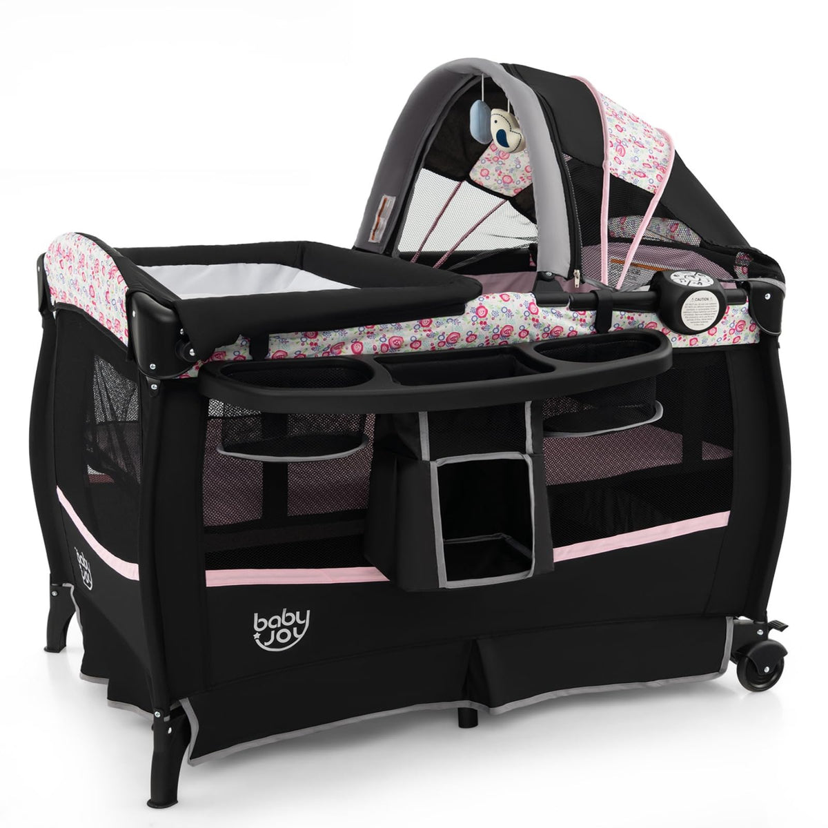 4 in 1 Play Yard, Portable Baby Playard with Bassinet & Flip-Away Changing Table, Canopy, Portable Bedside