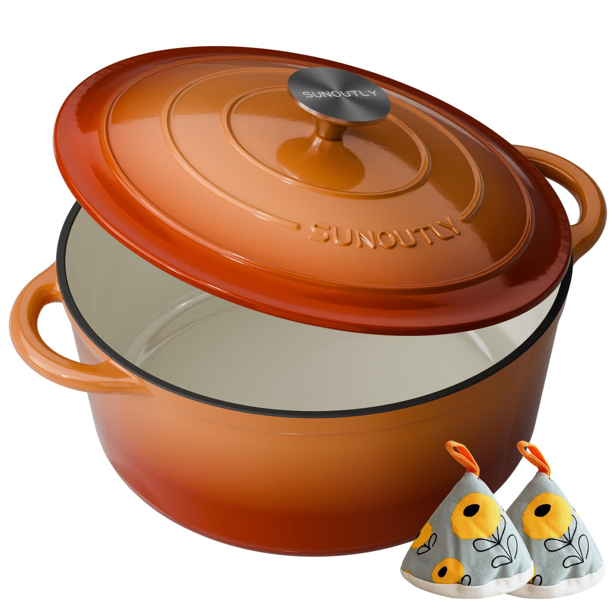 Enameled Cast Iron Dutch Oven, 6QT Pot with Lid, Vibrant Orange