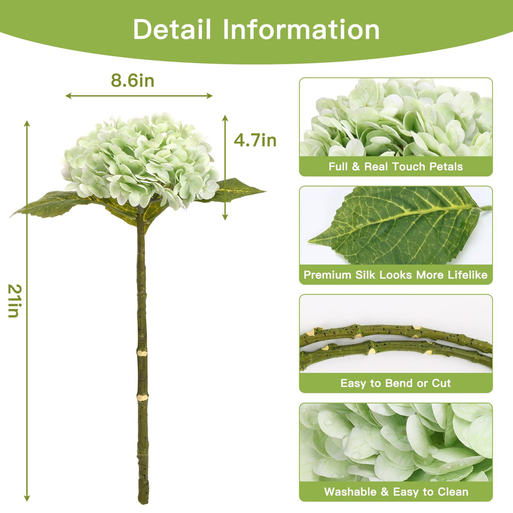 4pcs Green Hydrangea Artificial, 21in Real Touch Hydrangeas, Lifelike Fake Hydrangea Flower Decor Party Floral