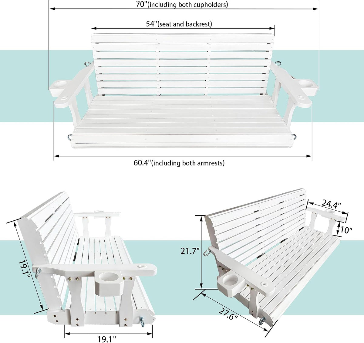 Wooden Porch Swing 3-Seater, High Backrest and Deep Seat, Bench Swing with Cupholders, Hanging Chains and 7mm