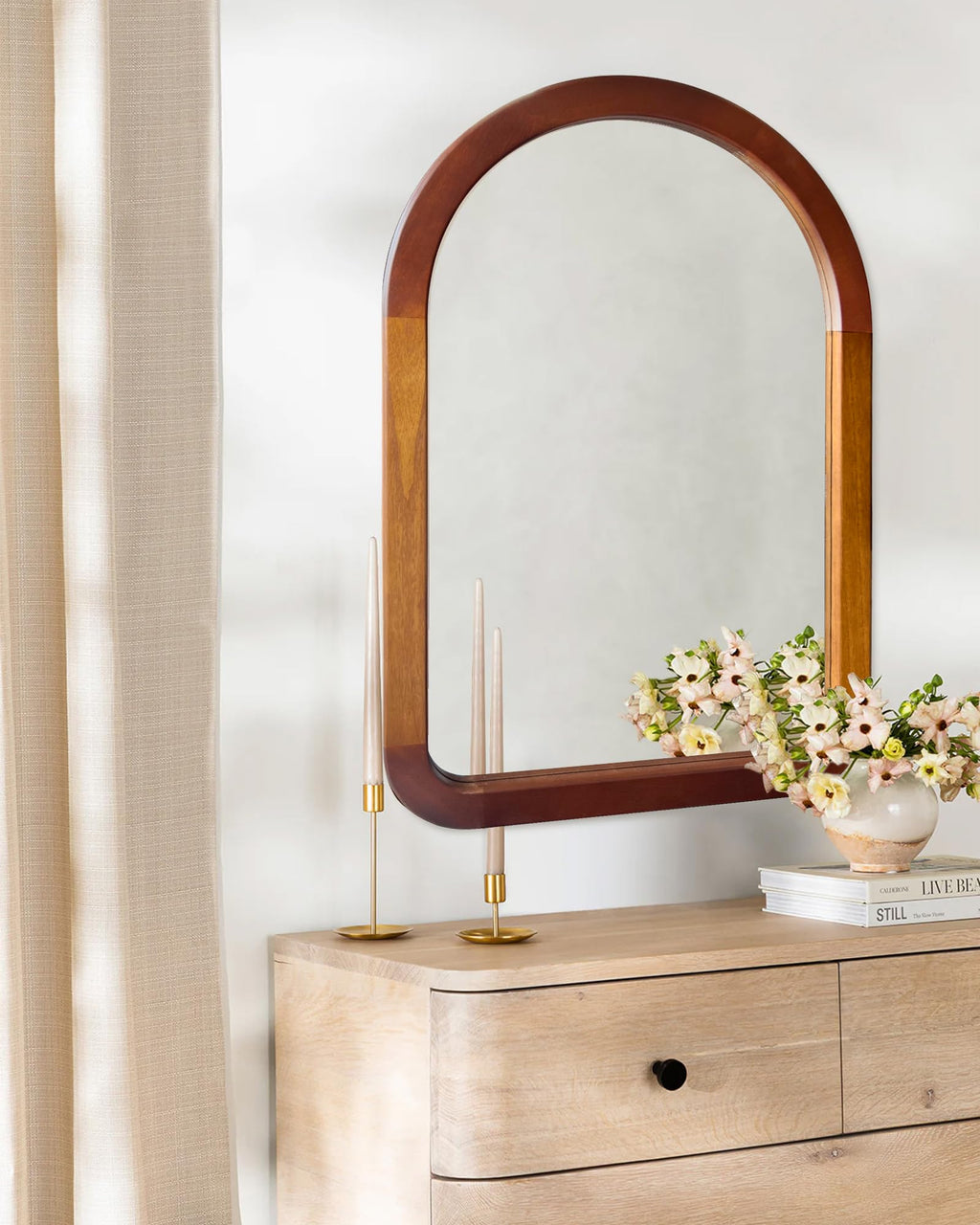 Arched Mirror 22 x 30 Inch, Brown Wood Rustic Bathroom Wall Walnut Mirror