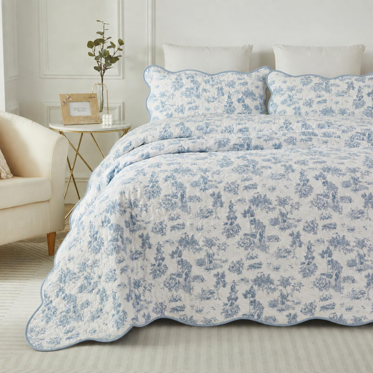 Blue Toile Bedding Full Cotton Quilt Set Pastoral Scenery 3PC